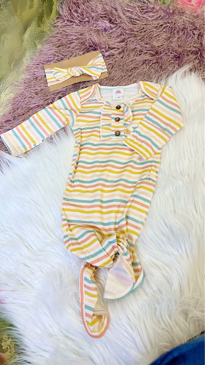 Multicolored Striped Gown with Matching Hair Bow